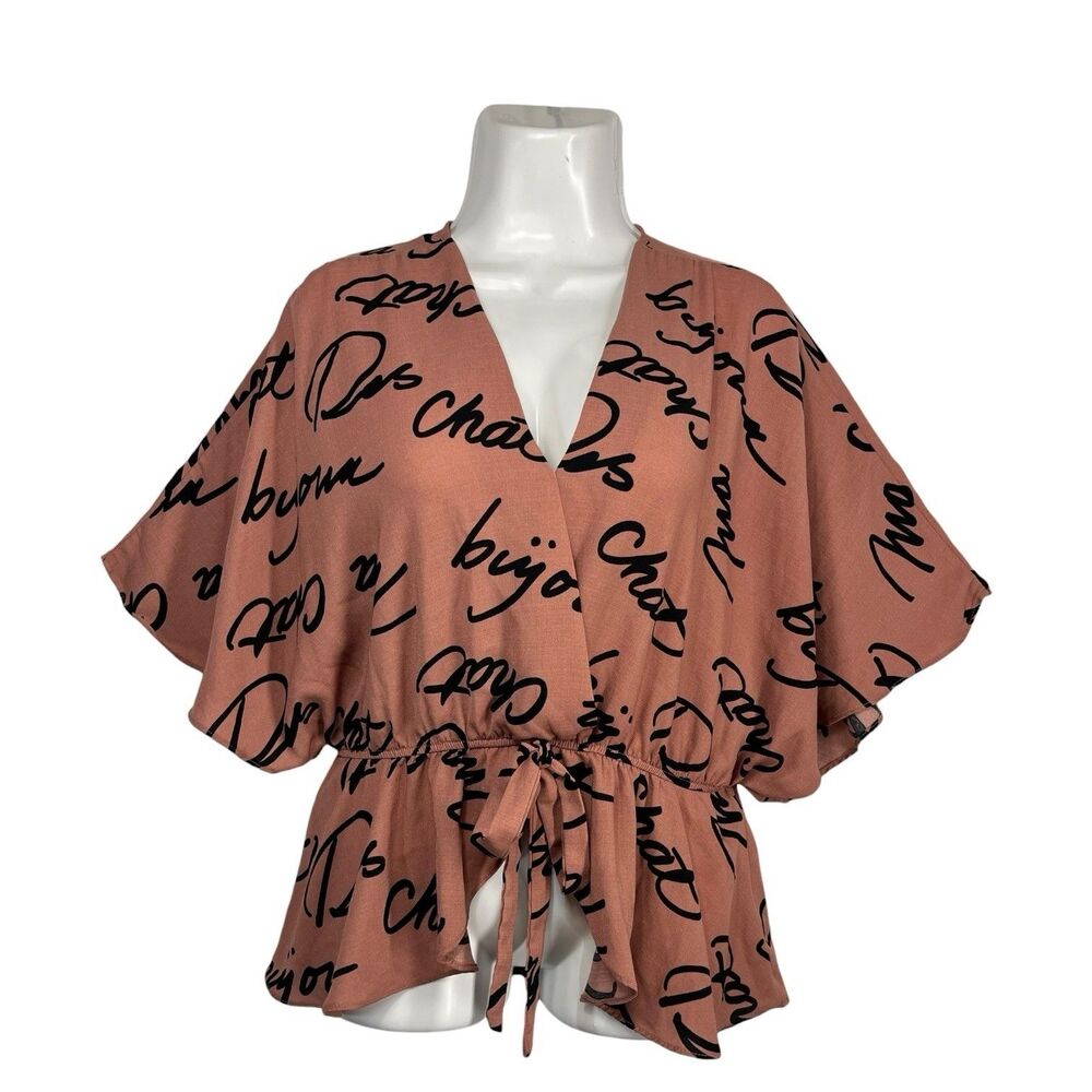 Sweet Rain Womens Peplum Top Large Pink Mauve Graphic Print Kimono Sleeve Boho